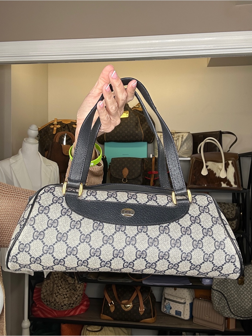 Vintage Gucci Accessory Collection Navy GG Tubular Boston Satchel w/ COA - Picture 3 of 16
